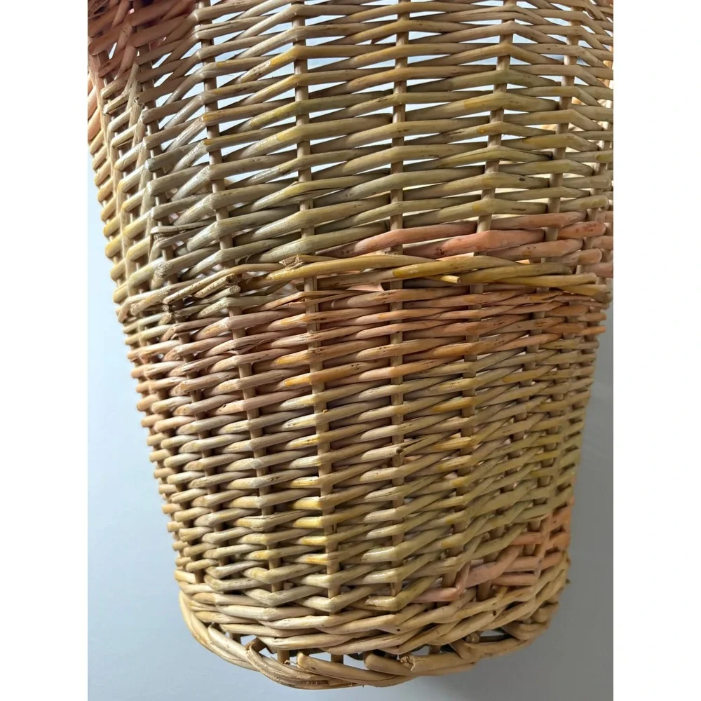 VTG Woven Wicker Basket Tapered Boho Wastebasket Pink Green Tan 11x11 Boho